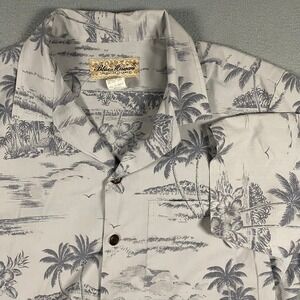 Blue Hawaii Mens Medium Grey White Tropical Palm Tree Aloha Shirt Made in Hawaii